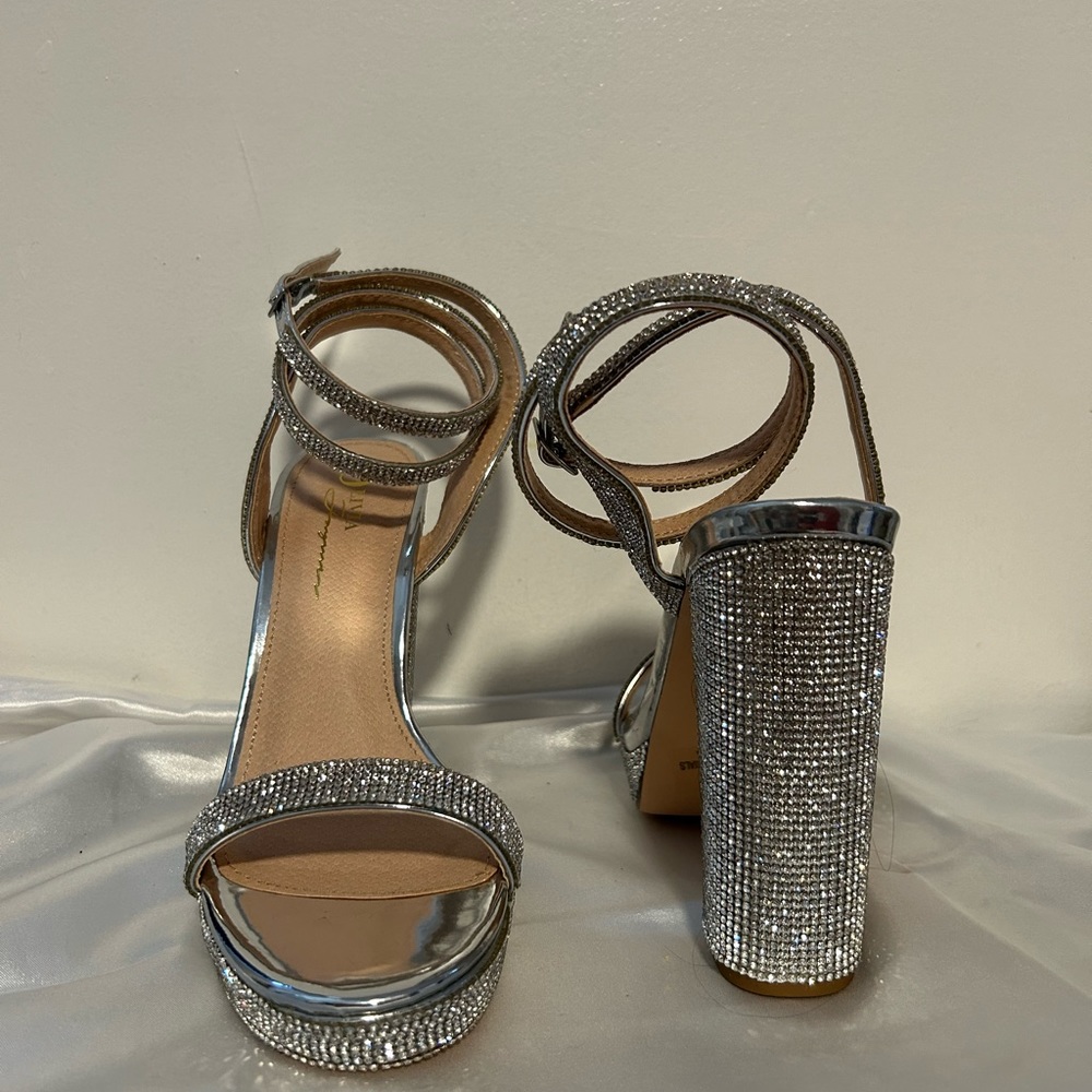 Rhinestone block heels with ankle wrap straps